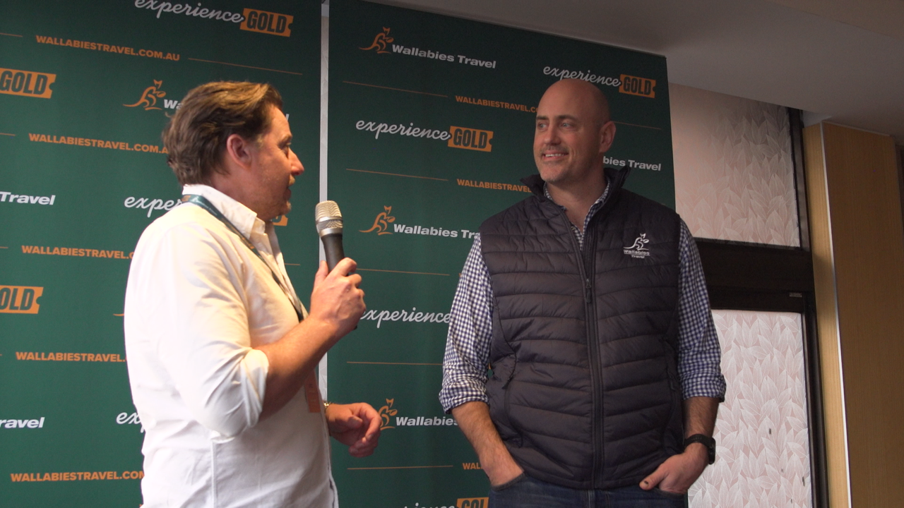 Nathan Sharpe chatting with General Manager David MacCallum at the Bledisloe Cup pre-game function in Melbourne, Saturday 19 July 2023.